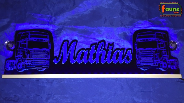 LED Namensschild Detailzeichnung Zugmaschine Gravur "Mathias" oder Wunschname als Konturschnitt - Truckerschild Neonschild Leuchtschild