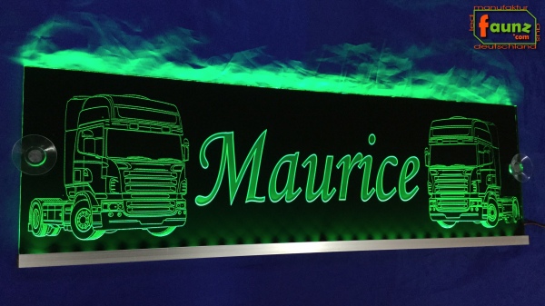 LED Namensschild Detailzeichnung Zugmaschine Gravur "Maurice" oder Wunschname auf Rechteckplatte - Truckerschild Neonschild Leuchtschild