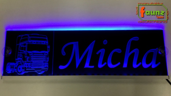 LED Namensschild Detailzeichnung Zugmaschine Gravur "Micha" oder Wunschname auf Rechteckplatte - Truckerschild Neonschild Leuchtschild
