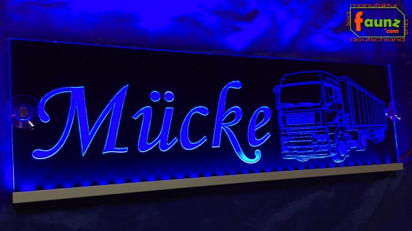 LED Namensschild Detailzeichnung Zugmaschine Gravur "Mücke" oder Wunschname auf Rechteckplatte - Truckerschild Neonschild Leuchtschild