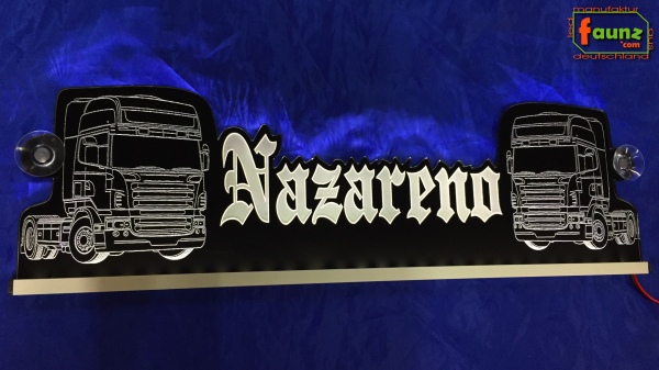 LED Namensschild Detailzeichnung Zugmaschine Gravur "Nazareno" oder Wunschname in Frakturschrift Oldenglish als Konturschnitt - Truckerschild Neonschild Leuchtschild