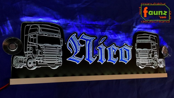 "LED Namensschild Detailzeichnung Zugmaschine Gravur ""Nico"" oder Wunschname in Frakturschrift Altdeutsch als Konturschnitt - Truckerschild Neonschild Leuchtschild"