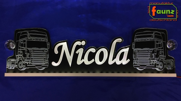 LED Namensschild Detailzeichnung Zugmaschine Gravur "Nicola" oder Wunschname als Konturschnitt - Truckerschild Neonschild Leuchtschild