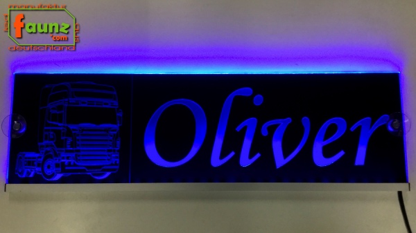LED Namensschild Detailzeichnung Zugmaschine Gravur "Oliver" oder Wunschname auf Rechteckplatte - Truckerschild Neonschild Leuchtschild