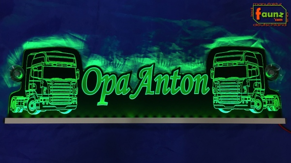 LED Namensschild Detailzeichnung Zugmaschine Gravur "Opa Anton" oder Wunschname als Konturschnitt - Truckerschild Neonschild Leuchtschild