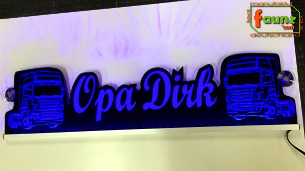 LED Namensschild Detailzeichnung Zugmaschine Gravur "Opa Dirk" oder Wunschname als Konturschnitt - Truckerschild Neonschild Leuchtschild