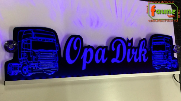 LED Namensschild Detailzeichnung Zugmaschine Gravur "Opa Dirk" oder Wunschname als Konturschnitt - Truckerschild Neonschild Leuchtschild