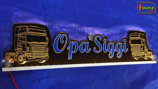 LED Namensschild Detailzeichnung Zugmaschine Gravur "Opa Siggi" oder Wunschname als Konturschnitt - Truckerschild Neonschild Leuchtschild