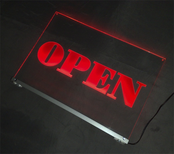 LED Hinweisschild Gravur “Open" Info-Schild Signalschild Werbeschild Leuchtschild