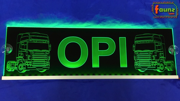 LED Namensschild Detailzeichnung Zugmaschine Gravur "OPI" oder Wunschname auf Rechteckplatte - Truckerschild Neonschild Leuchtschild
