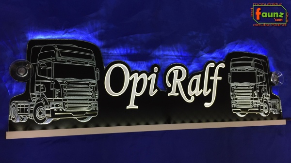 LED Namensschild Detailzeichnung Zugmaschine Gravur "Opi Ralf" oder Wunschname als Konturschnitt - Truckerschild Neonschild Leuchtschild