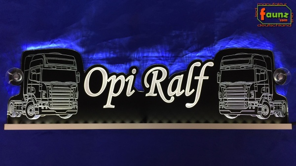 LED Namensschild Detailzeichnung Zugmaschine Gravur "Opi Ralf" oder Wunschname als Konturschnitt - Truckerschild Neonschild Leuchtschild