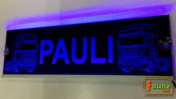 LED Namensschild Detailzeichnung Zugmaschine Gravur "PAULI" oder Wunschname auf Rechteckplatte - Truckerschild Neonschild Leuchtschild