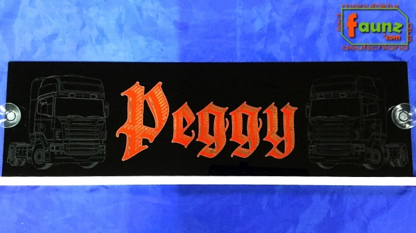 LED Namensschild Detailzeichnung Zugmaschine Gravur "Peggy" oder Wunschname auf Rechteckplatte - Truckerschild Neonschild Leuchtschild