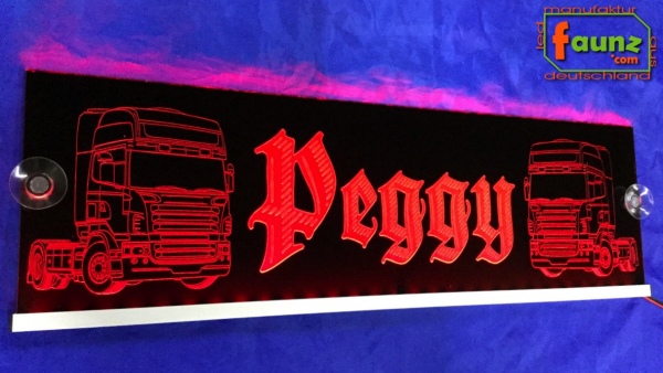 LED Namensschild Detailzeichnung Zugmaschine Gravur "Peggy" oder Wunschname auf Rechteckplatte - Truckerschild Neonschild Leuchtschild