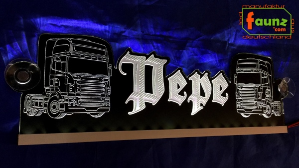 LED Namensschild Detailzeichnung Zugmaschine Gravur "Pepe" oder Wunschname in Fraktuschrift Altdeutsch als Konturschnitt - Truckerschild Neonschild Leuchtschild