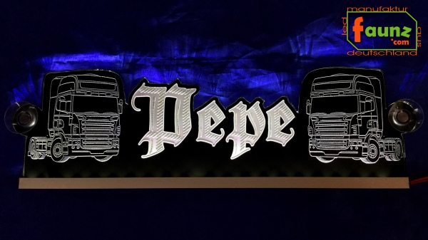 "LED Namensschild Detailzeichnung Zugmaschine Gravur ""Pepe"" oder Wunschname in Fraktuschrift Altdeutsch als Konturschnitt - Truckerschild Neonschild Leuchtschild"
