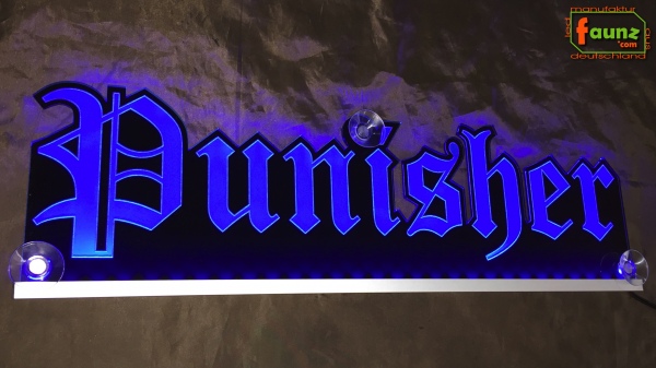 Ihr LED Wunschname "Punisher" Altdeutsch Frakturschrift Namensschild Leuchtschild Truckerschild Konturschnitt