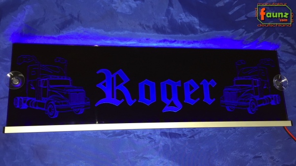 LED Namensschild Detailzeichnung Zugmaschine Gravur "Roger" oder Wunschname auf Rechteckplatte - Truckerschild Neonschild Leuchtschild