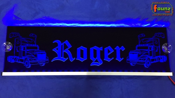 LED Namensschild Detailzeichnung Zugmaschine Gravur "Roger" oder Wunschname auf Rechteckplatte - Truckerschild Neonschild Leuchtschild