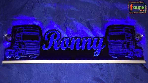 LED Namensschild Detailzeichnung Zugmaschine Gravur "Ronny" oder Wunschname als Konturschnitt - Truckerschild Neonschild Leuchtschild