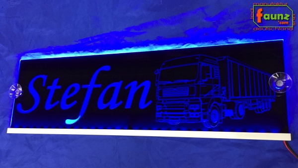 LED Namensschild Detailzeichnung Lastzug Gravur "Stefan" oder Wunschname auf Rechteckplatte - Truckerschild Neonschild Leuchtschild