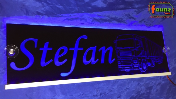 LED Namensschild Detailzeichnung Lastzug Gravur "Stefan" oder Wunschname auf Rechteckplatte - Truckerschild Neonschild Leuchtschild