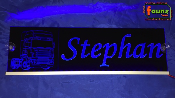 LED Namensschild Detailzeichnung Zugmaschine Gravur "Stephan" oder Wunschname auf Rechteckplatte - Truckerschild Neonschild Leuchtschild
