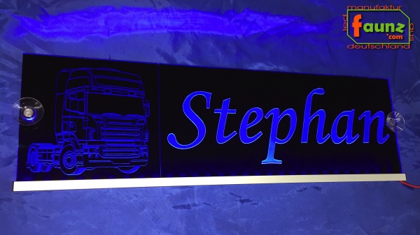 LED Namensschild Detailzeichnung Zugmaschine Gravur "Stephan" oder Wunschname auf Rechteckplatte - Truckerschild Neonschild Leuchtschild