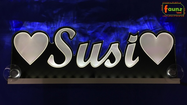 LED Namensschild Symbolik Herzen Gravur "Susi" oder Wunschname als Konturschnitt - Truckerschild Neonschild Leuchtschild