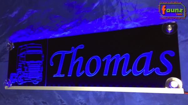 LED Namensschild Detailzeichnung Zugmaschine Gravur "Thomas" oder Wunschname auf Rechteckplatte - Truckerschild Neonschild Leuchtschild