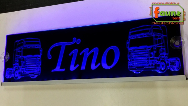 LED Namensschild Detailzeichnung Zugmaschine Gravur "Tino" oder Wunschname auf Rechteckplatte - Truckerschild Neonschild Leuchtschild