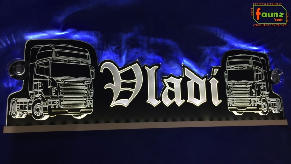 LED Namensschild Detailzeichnung Zugmaschine Gravur "Vladi" oder Wunschname in Frakturschrift Altdeutsch als Konturschnitt - Truckerschild Neonschild Leuchtschild