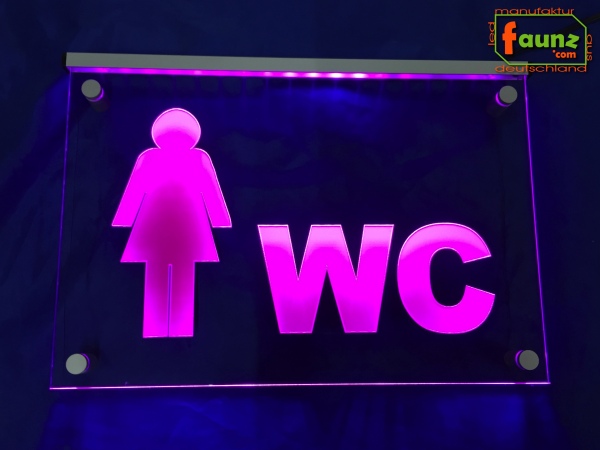 LED WC Schild "WC + Symbolik Frau" (Klosett Örtchen Toilette) Toilettenschild Wegweiser Leuchtschild