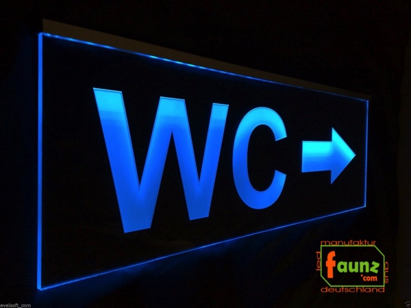 LED WC-Schild schmal "WC + Pfeil n. rechts" (Klosett Örtchen Toilette) Toilettenschild Hinweisschild Wegweiser Leuchtschild