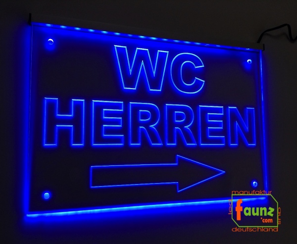 LED WC-Schild "WC Herren + Pfeil n. rechts" (Klosett Örtchen Toilette) Toilettenschild Hinweisschild Wegweiser Leuchtschild