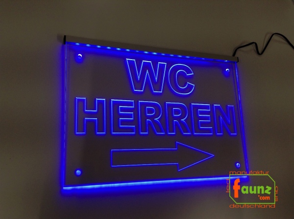 LED WC-Schild "WC Herren + Pfeil n. rechts" (Klosett Örtchen Toilette) Toilettenschild Hinweisschild Wegweiser Leuchtschild