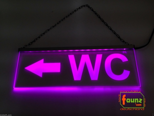LED WC-Schild schmal "WC + Pfeil n. links" (Klosett Örtchen Toilette) Toilettenschild Hinweisschild Wegweiser Leuchtschild