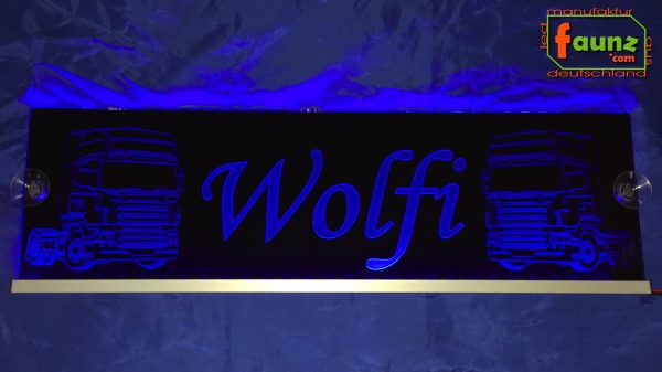 LED Namensschild Detailzeichnung Zugmaschine Gravur "Wolfi" oder Wunschname auf Rechteckplatte - Truckerschild Neonschild Leuchtschild
