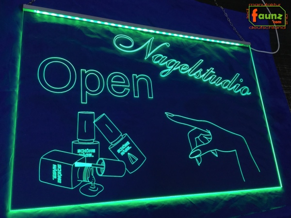 LED Werbeschild Firmenschild Gravur "Nagelstudio open" Arztschild Kanzleischild Ladenschild Praxisschild Leuchtreklame Leuchtschild
