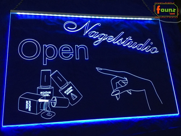 LED Werbeschild Firmenschild Gravur "Nagelstudio open" Arztschild Kanzleischild Ladenschild Praxisschild Leuchtreklame Leuchtschild